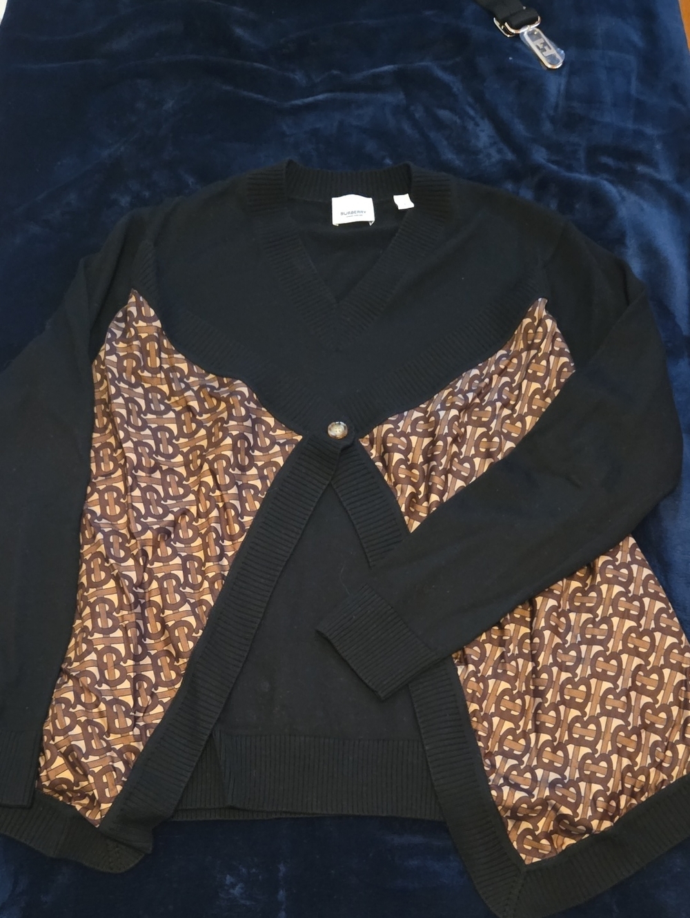 Burberry Black Cardigan with Tan Monogram Panels